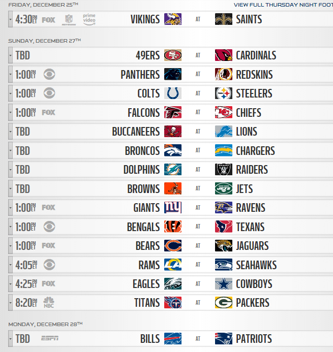 tabela da nfl semana 16