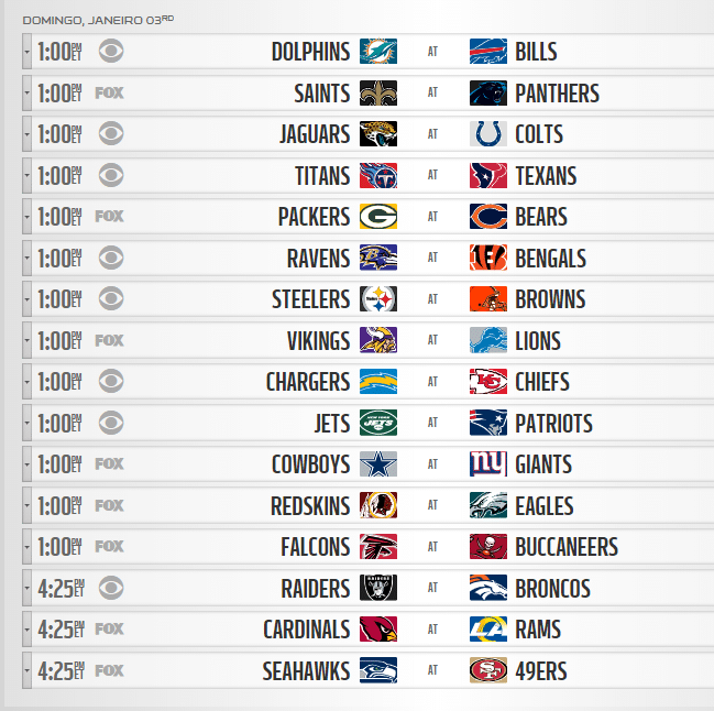 tabela da nfl semana 17