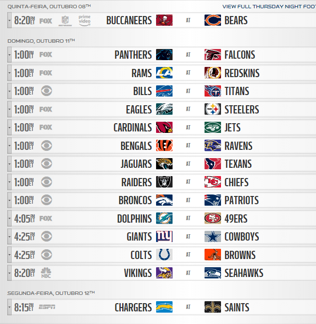 tabela da nfl semana 5