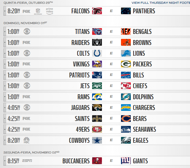 tabela da nfl semana 8