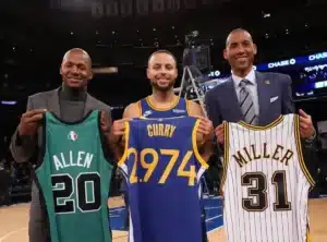 Ray Allen e Reggie Miller passam bastão e coroa para Stephen Curry no MSG