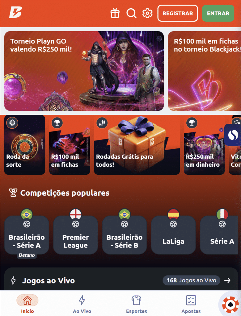 Tela inicial do aplicativo Betano Brasil