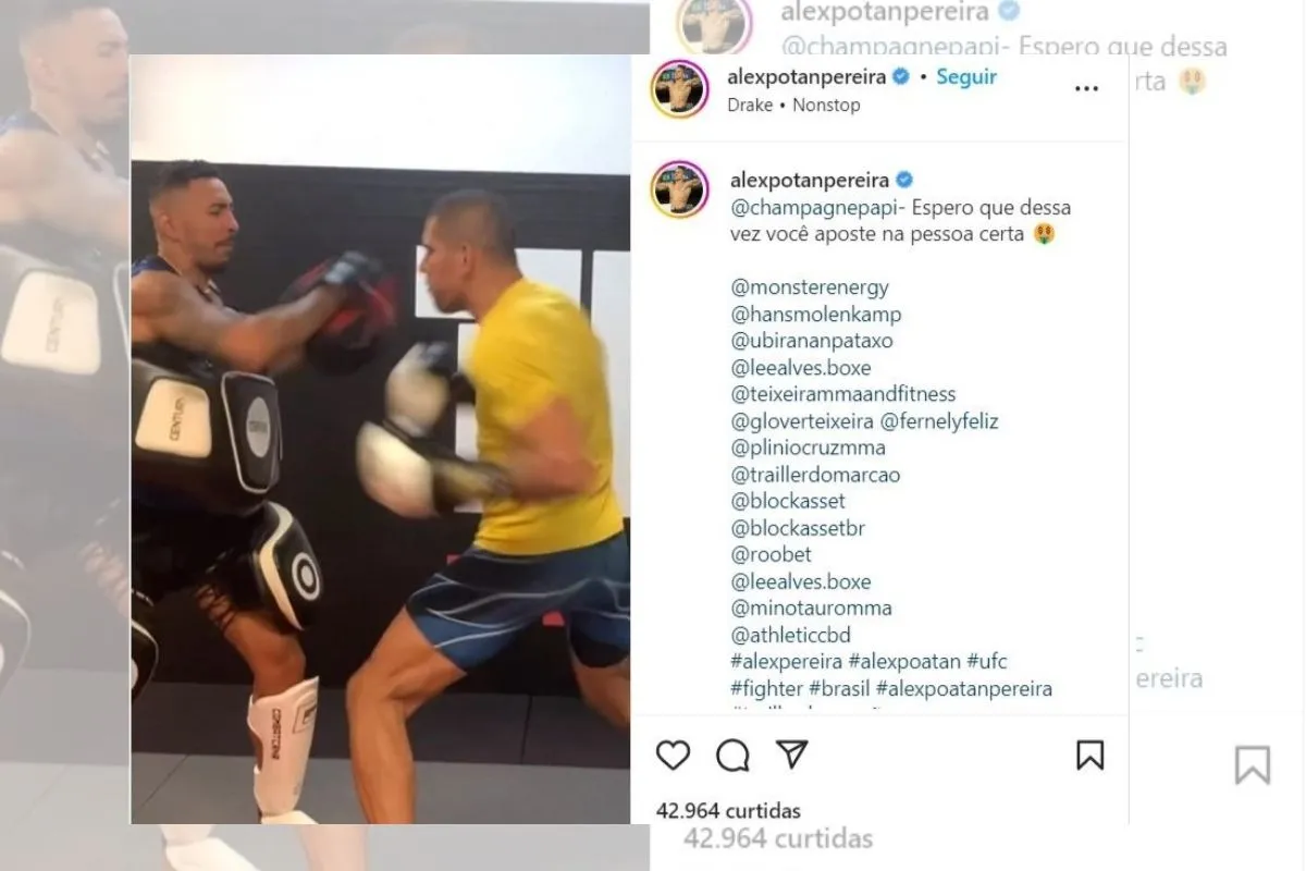 Alex Poatan provoca rapper Drake antes de luta com Adesanya no UFC 287. Foto: Reprodu&ccedil;&atilde;o/Instagram/@alexpoatanpereira