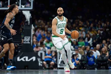 Derrick White em a&ccedil;&atilde;o pelos Celtics na NBA