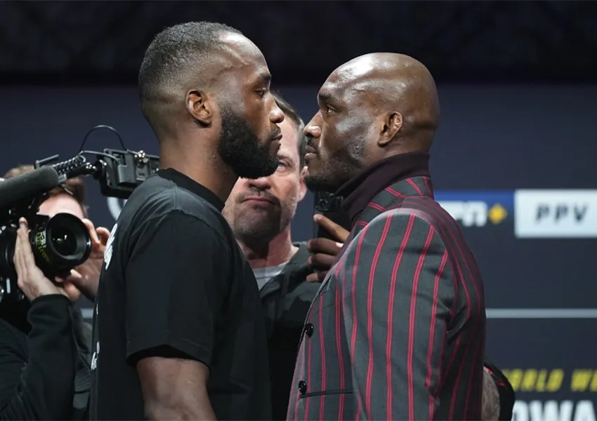 Leon Edwards vs Kamaru Usman na coletiva do UFC 286 (Foto: UFC/Divulga&ccedil;&atilde;o/Twitter)