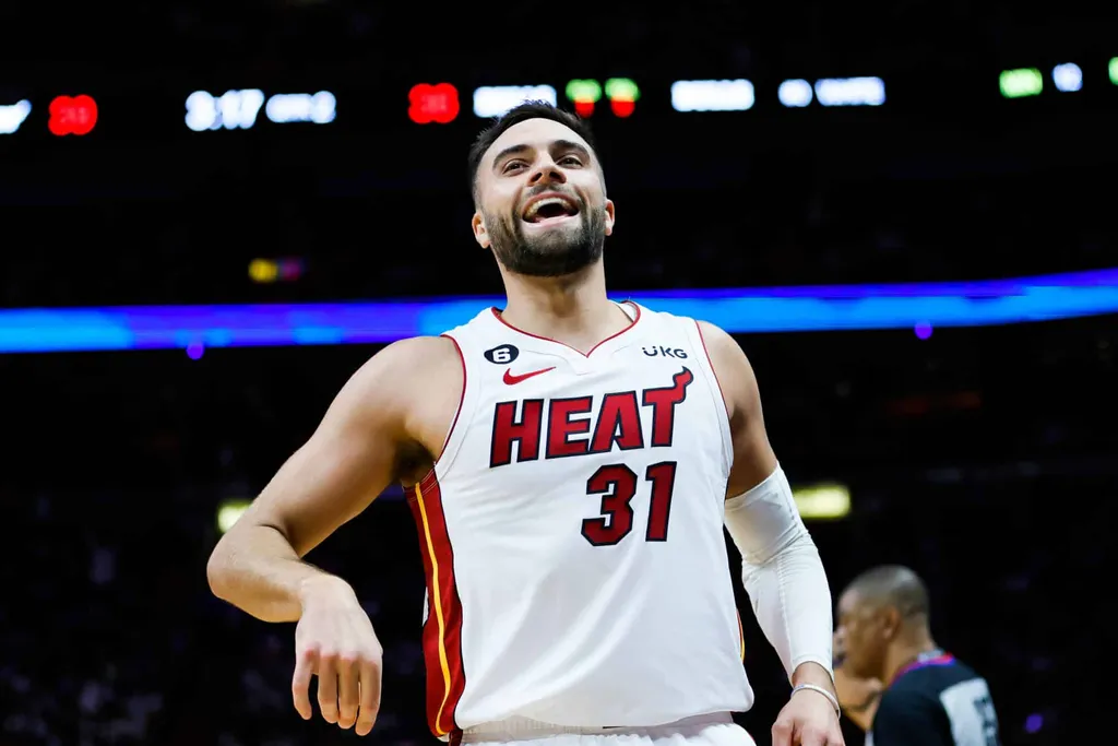 Max Strus na vit&oacute;ria do Miami Heat contra o Chicago Bulls no play-in da NBA (Foto: SUSA / Icon Sport)